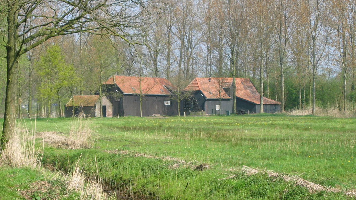 The red-roofed Collse Watermolen mill houses beside the Kleine Dommel, with a waterwheel visible.